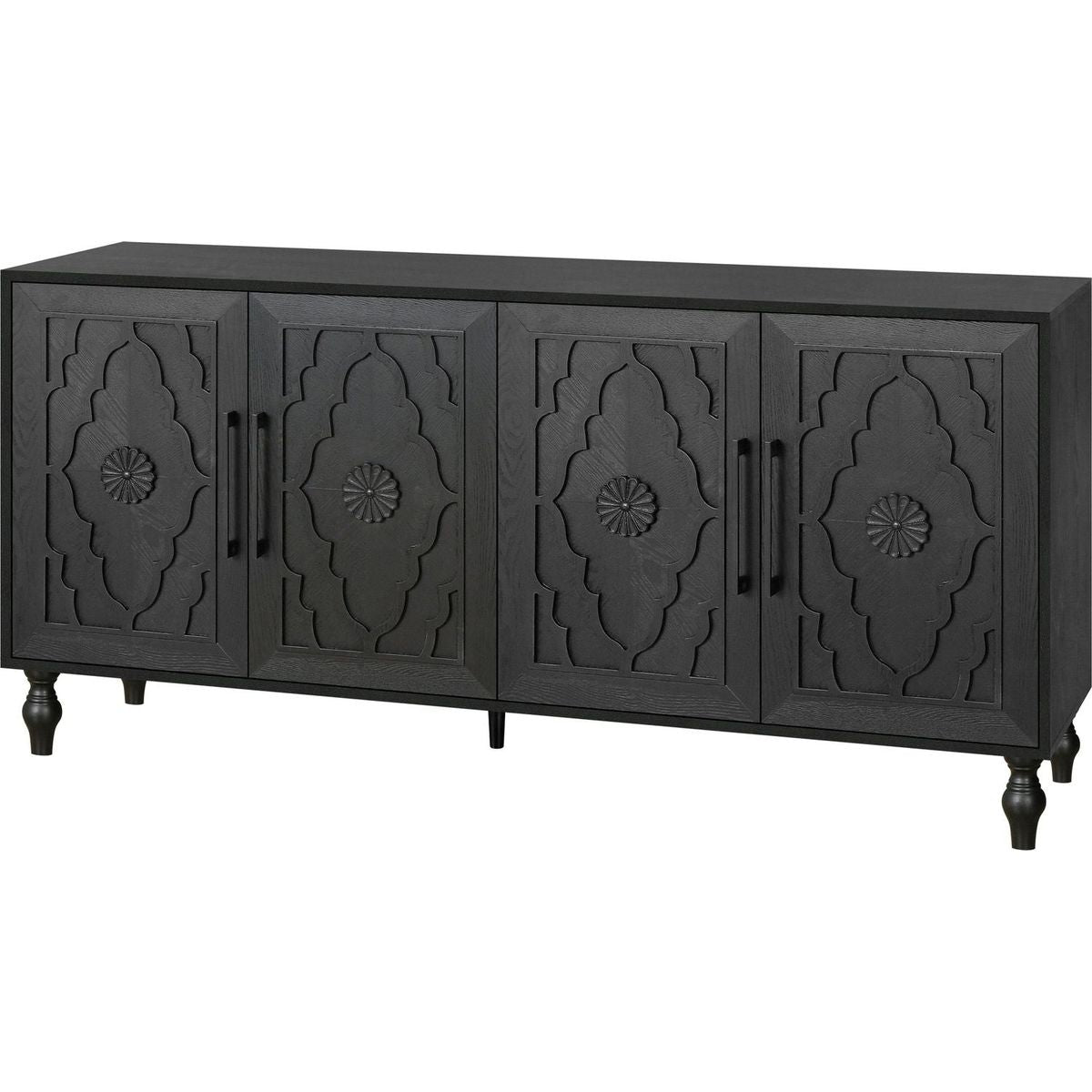 Carved Flower Door Large Storage Cabinet With Metal Handle Suitable For Living Room, Kitchen, Entryway(BLACK)