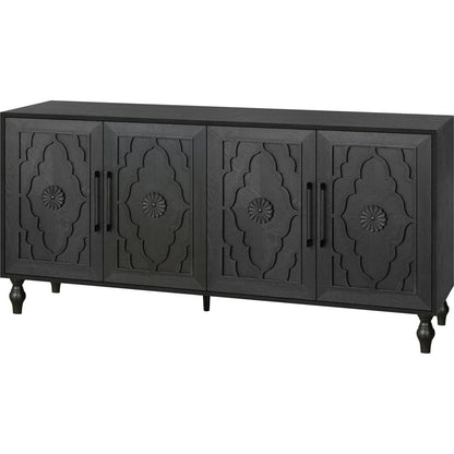 Carved Flower Door Large Storage Cabinet With Metal Handle Suitable For Living Room, Kitchen, Entryway(BLACK)