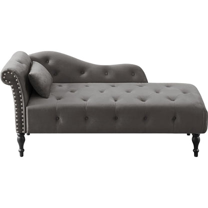 60.6" Velvet Chaise Lounge Buttons Tufted Nailhead Trimmed Solid Wood Legs with 1 Pillow,Grey (Left Arm Design as Shown in the Picture) - Streamdale Furniture