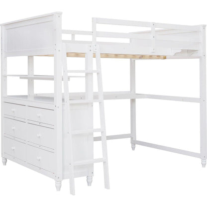 Full size Loft Bed with Drawers and Desk, Wooden Loft Bed with Shelves - White