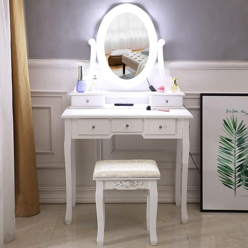 Makeup Vanity Desk and Stool Set, Vanity Mirror with Lights and Table Set, Small Vanity Table for Bedroom (White)