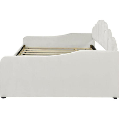 Full Size Upholstery Daybed Frame with Shall Shaped Backrest and Trundle,Beige