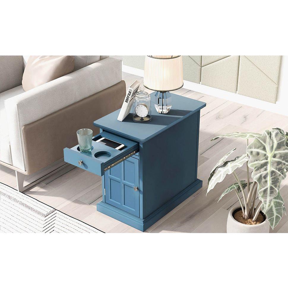 Classic Vintage Livingroom End Table Side Table with USB Ports and One Multifunctional Drawer with cup holders, Antique Navy - Streamdale Furniture