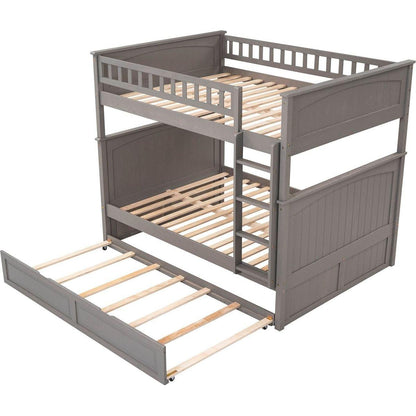 Full Over Full Bunk Bed with Twin Size Trundle, Pine Wood Bunk Bed with Guardrails, Brushed Gray