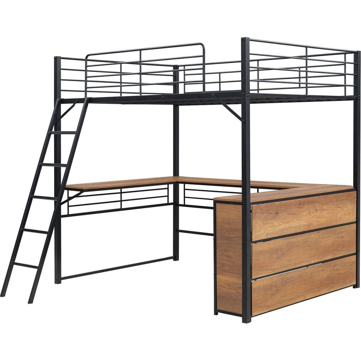 Full Size Metal Loft Bed with 3 Layers of Shelves and L-shaped Desk, Black