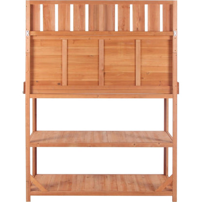 65" Large Wooden Farmhouse Rustic Outdoor Potting Bench Table, Patio Workstation, Garden Potting Bench with 4 Storage Shelves and Side Hook,Natural