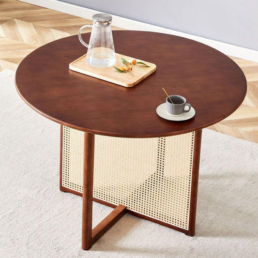 Chinese countryside retro solid wood round table, simple modern imitation rattan table, wooden table, desk. Suitable for dining room, living room, office