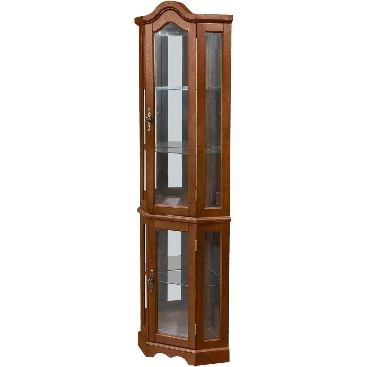 Corner Curio Cabinet with Lights, Adjustable Tempered Glass Shelves, Mirrored Back, Display Cabinet,Walnut