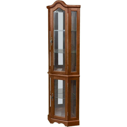 Corner Curio Cabinet with Lights, Adjustable Tempered Glass Shelves, Mirrored Back, Display Cabinet,Walnut