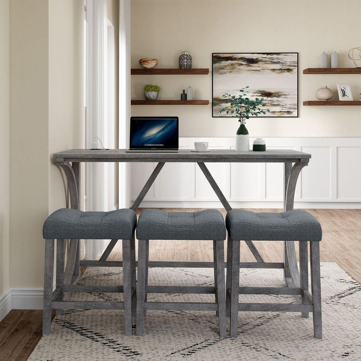 Bar Table Set with Power Outlet, Bar Table and Chairs Set, 4 Piece Dining Table Set, Industrial Breakfast Table Set, for Living Room, Dining Room, Game Room