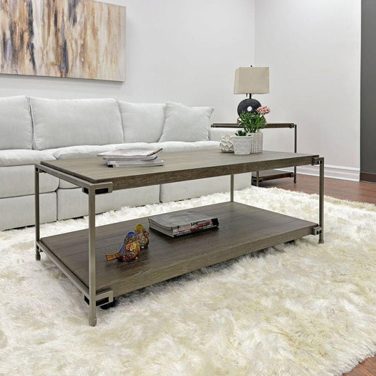 Corbeta 3-Piece Metal Frame Wood Living Room Coffee Table and 2 End Tables Set, Aged Graphite