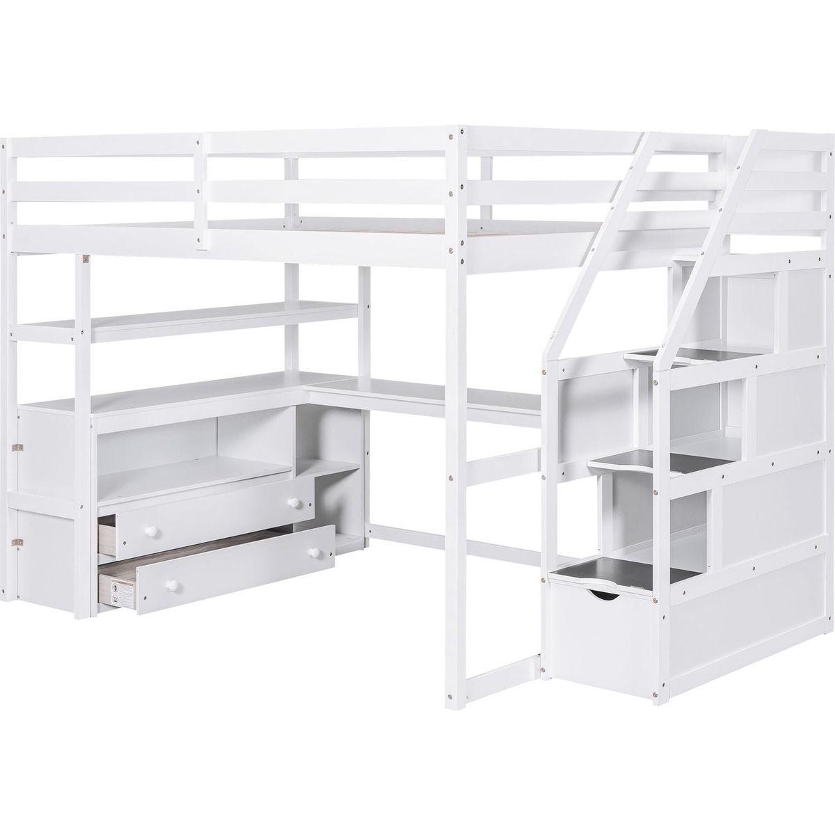Full Size Loft Bed with Desk and Shelves, Two Built-in Drawers, Storage Staircase, White