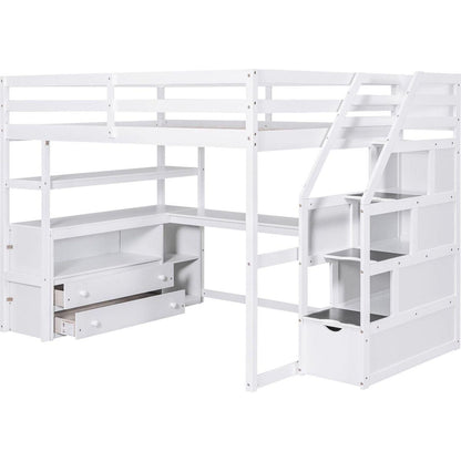 Full Size Loft Bed with Desk and Shelves, Two Built-in Drawers, Storage Staircase, White