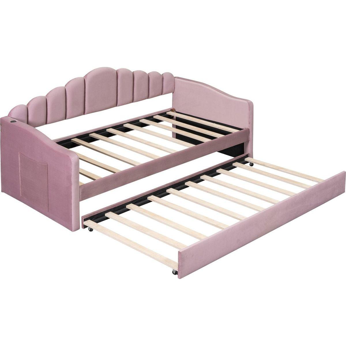 Twin size Upholstered Daybed with Trundle, Velvet Sofabed with USB Charging Ports,No Box-spring Needed,Pink