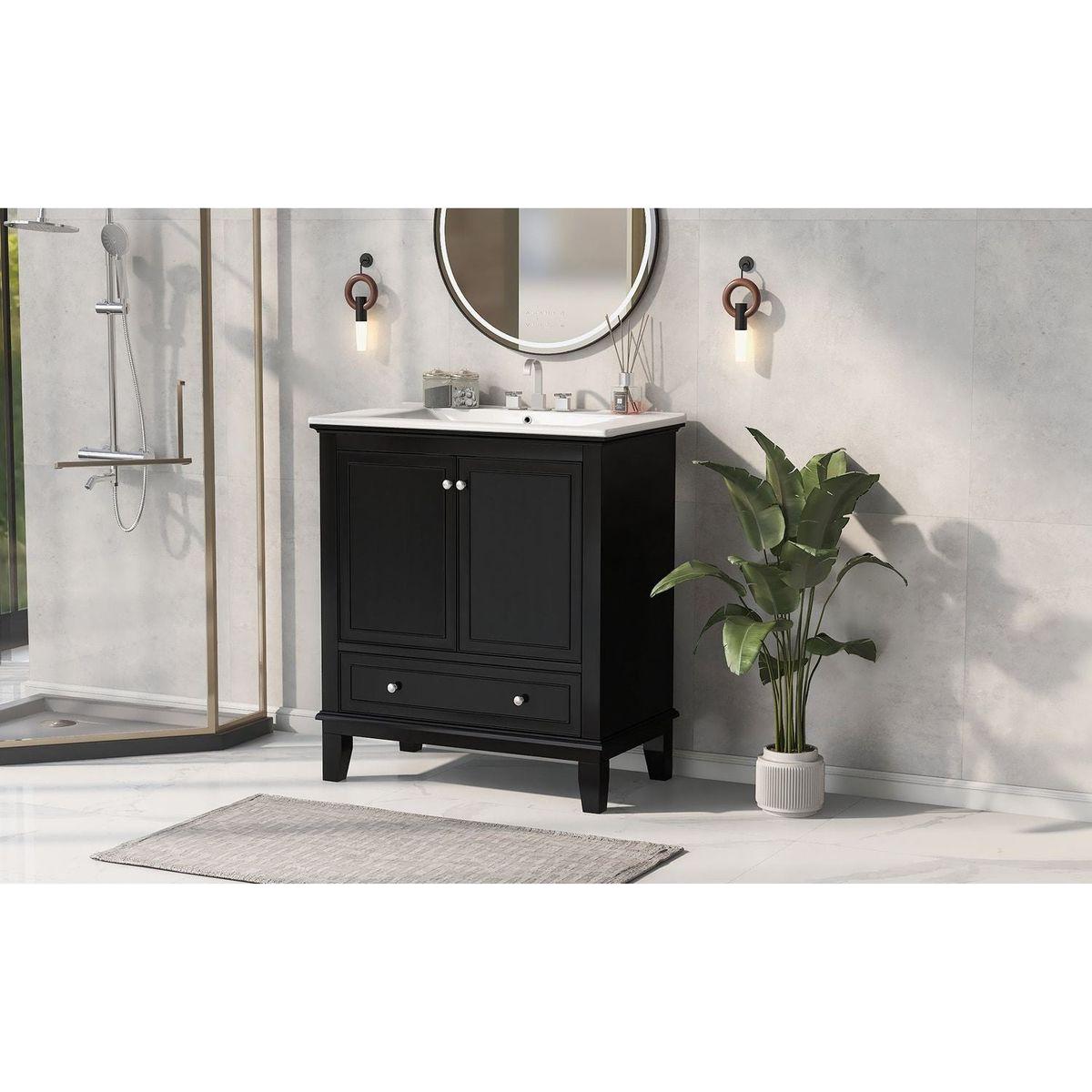 30" Bathroom Vanity with Sink Combo, Multi-functional Bathroom Cabinet with Doors and Drawer, Solid Wood and MDF Board, Black