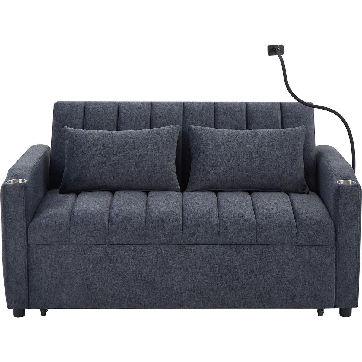55.9" Convertible Sofa Bed Loveseat Sofa with Three USB Ports, Two Side Pockets, Two Cup Holders and 360Swivel Phone Holder for Living Room, Blue Grey