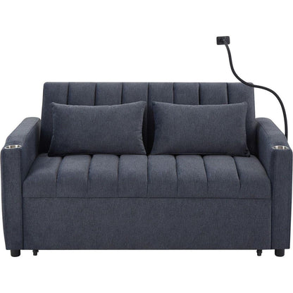 55.9" Convertible Sofa Bed Loveseat Sofa with Three USB Ports, Two Side Pockets, Two Cup Holders and 360Swivel Phone Holder for Living Room, Blue Grey