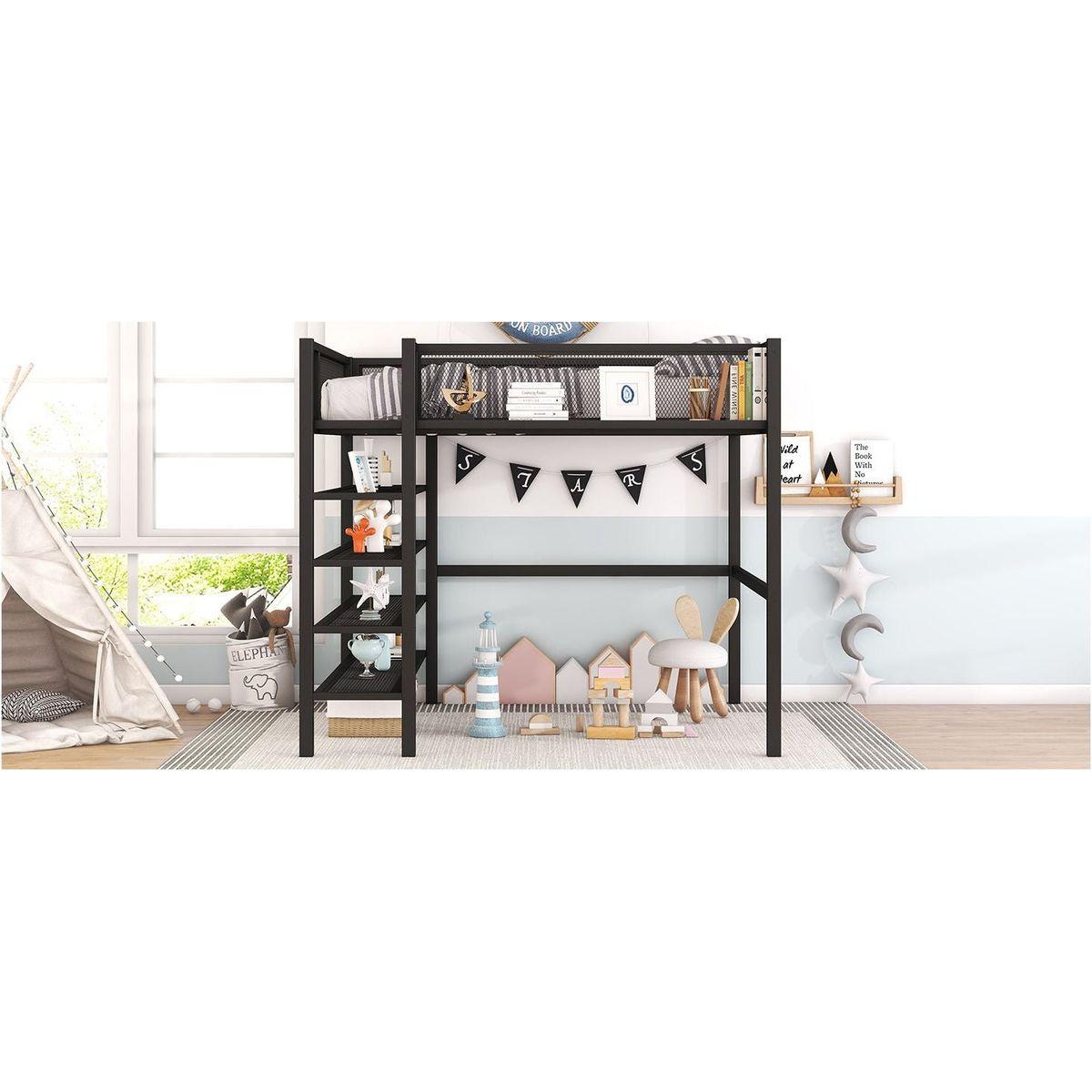 Full Size Metal Loft Bed with 4-Tier Shelves and Storage, Black