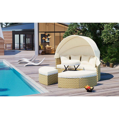 Patio Furniture Round Outdoor Sectional Sofa Set Rattan Daybed Two-Tone Weave Sunbed with Retractable Canopy, Separate Seating and Removable Cushion, Beige