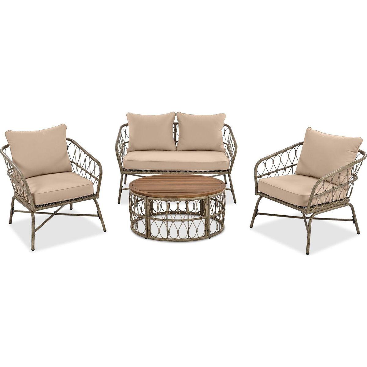GO Bohemia-inspired 4-Person Outdoor Seating Group With Removable Cushions, Conversation Patio Set With Wood Tabletop, Beige