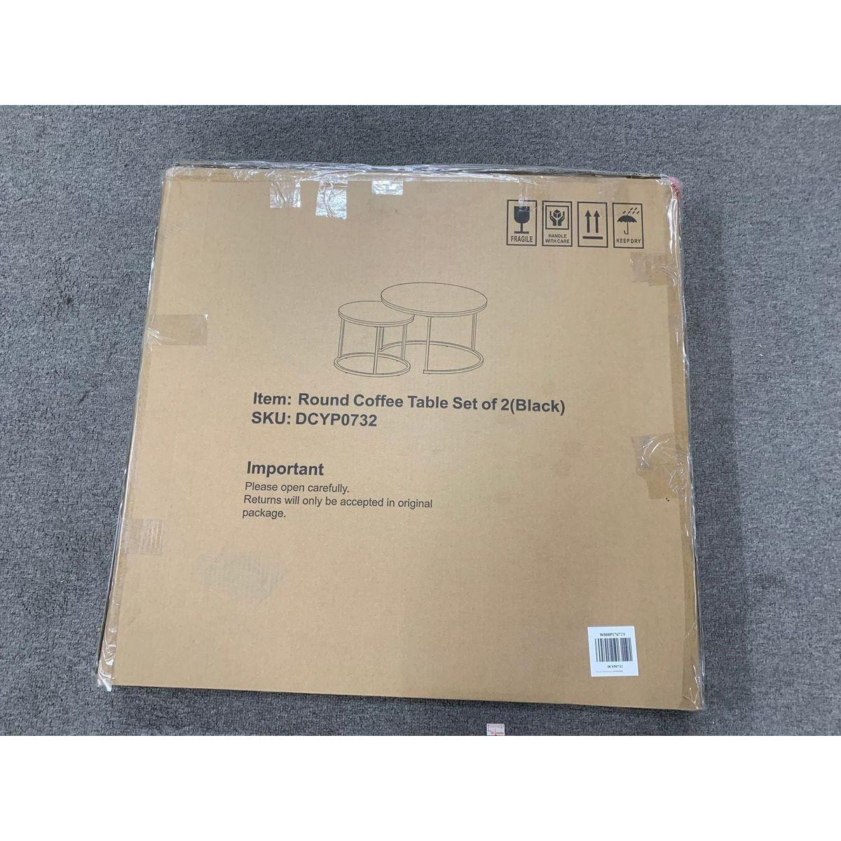 Nesting Coffee Table Set of 2, 27.6inch Round Coffee Table Wood Marble Pattern Top with Sturdy Metal Frame, End Table Side Tables for Living Room Bedroom Balcony Yard (Black)