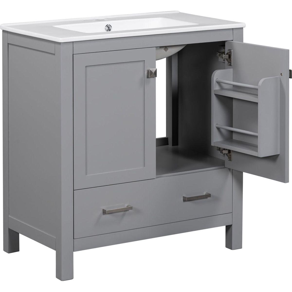 30" Gray Bathroom Vanity with Single Sink, Combo Cabinet Undermount Sink, Bathroom Storage Cabinet with 2 Doors and a Drawer, Soft Closing, Multifunctional Storage, Solid Wood Frame