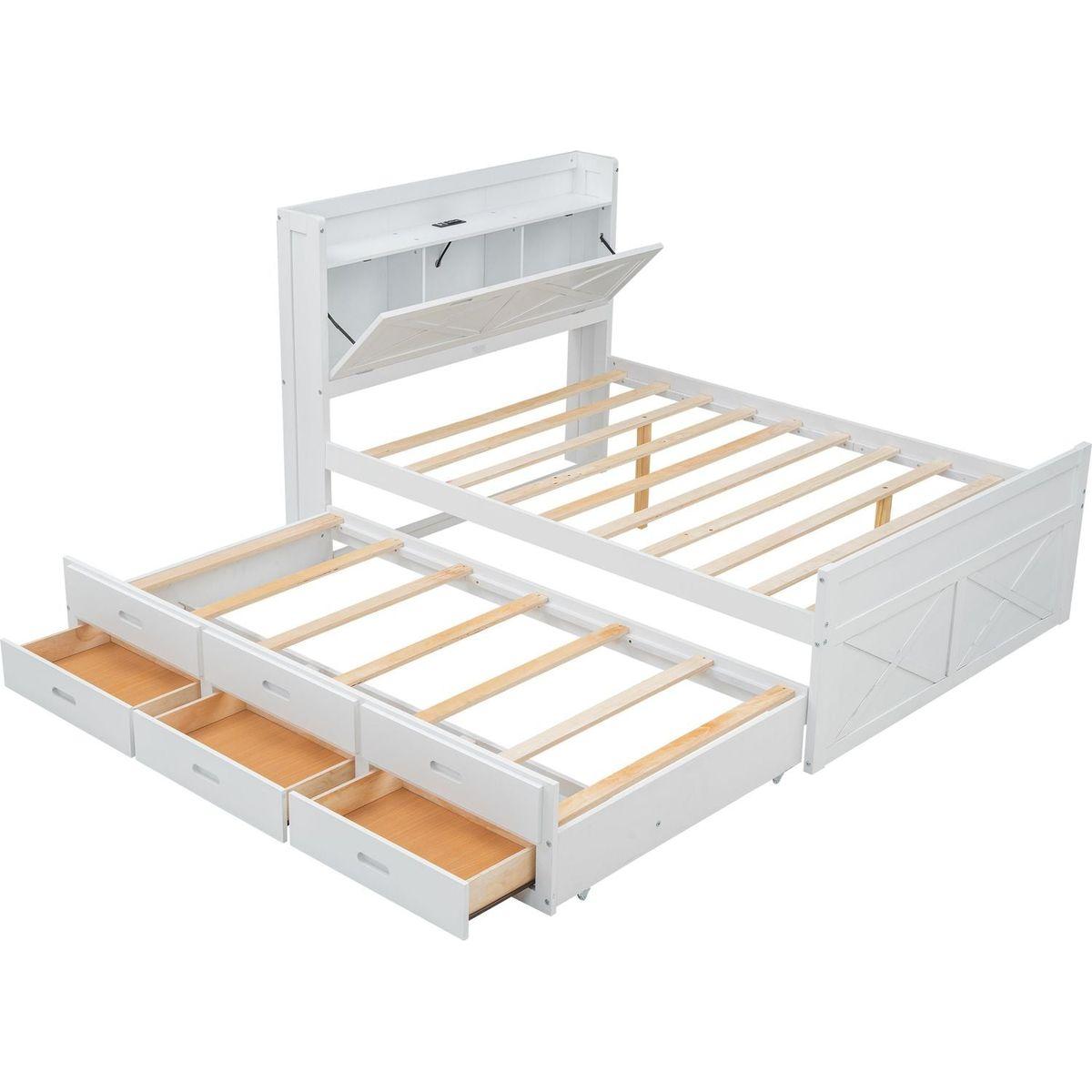 Full Size Wooden Bed with Storage Headboard with Outlets, Extendable Bed with Twin Size Trundle with Three Storage Drawers,White