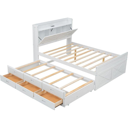 Full Size Wooden Bed with Storage Headboard with Outlets, Extendable Bed with Twin Size Trundle with Three Storage Drawers,White