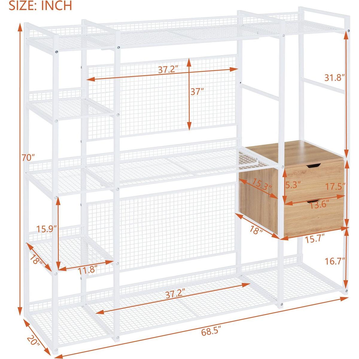 Open-Style Wardrobe with Hanging Rails, Shelves and Drawers, White