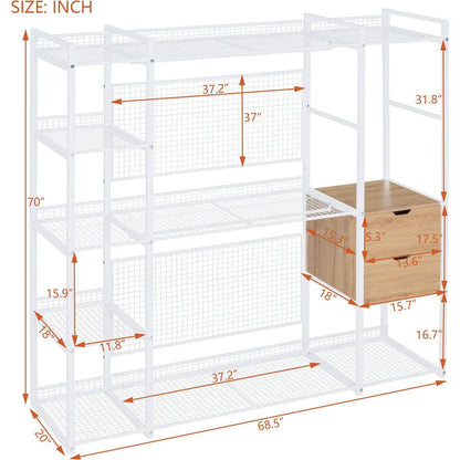 Open-Style Wardrobe with Hanging Rails, Shelves and Drawers, White