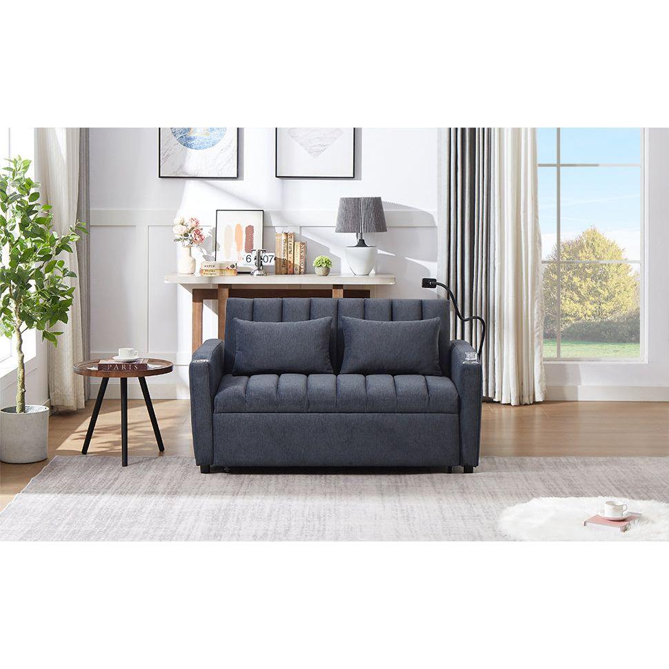 55.9" Convertible Sofa Bed Loveseat Sofa with Three USB Ports, Two Side Pockets, Two Cup Holders and 360Swivel Phone Holder for Living Room, Blue Grey