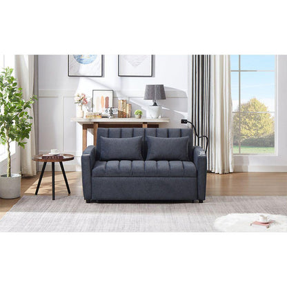 55.9" Convertible Sofa Bed Loveseat Sofa with Three USB Ports, Two Side Pockets, Two Cup Holders and 360Swivel Phone Holder for Living Room, Blue Grey