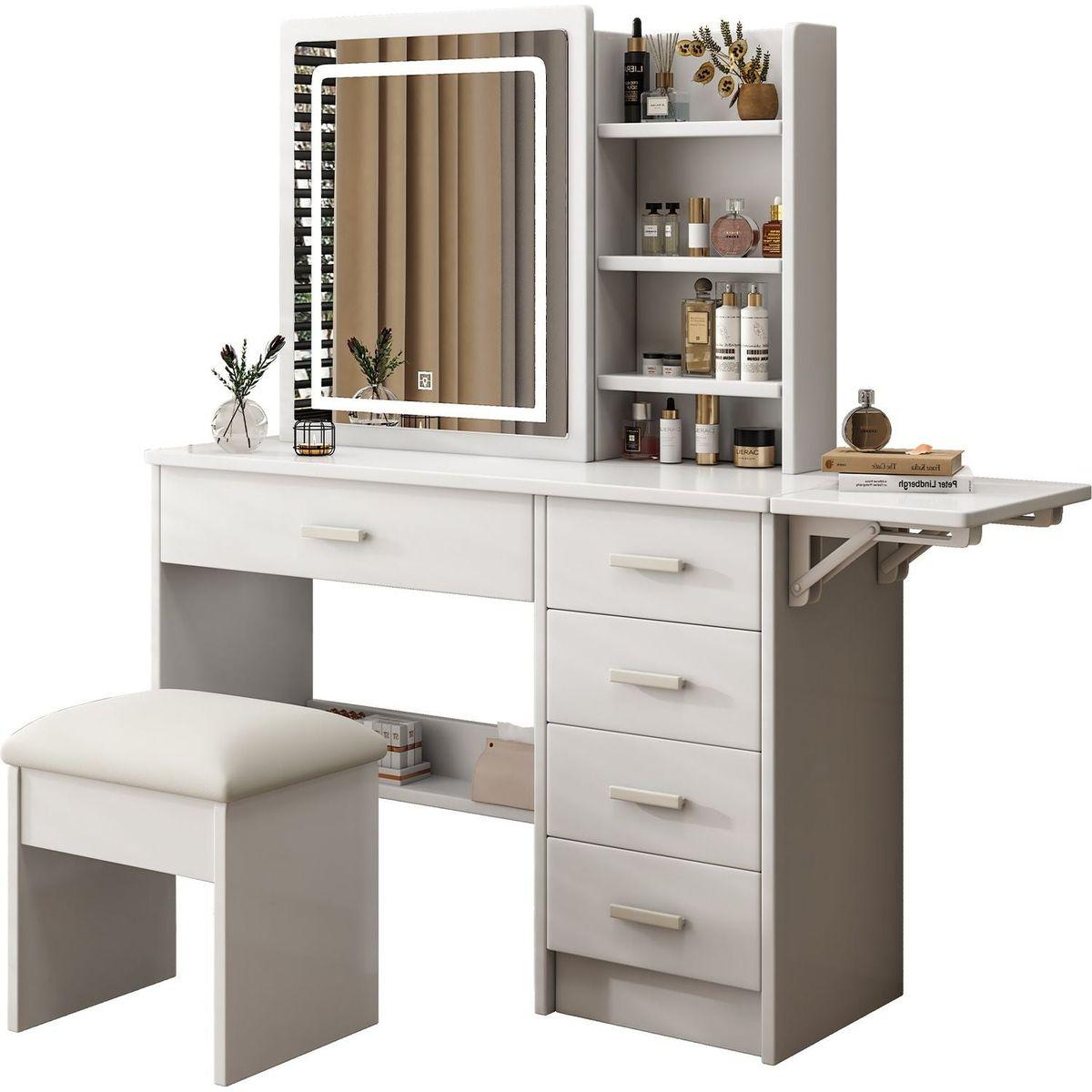 Fashion Vanity Desk with Mirror and Lights for Makeup with open shelves and Chair, Vanity Mirror with Lights and Table Set with 3 Color Lighting Brightness Adjustable, 5 Drawers, White Color