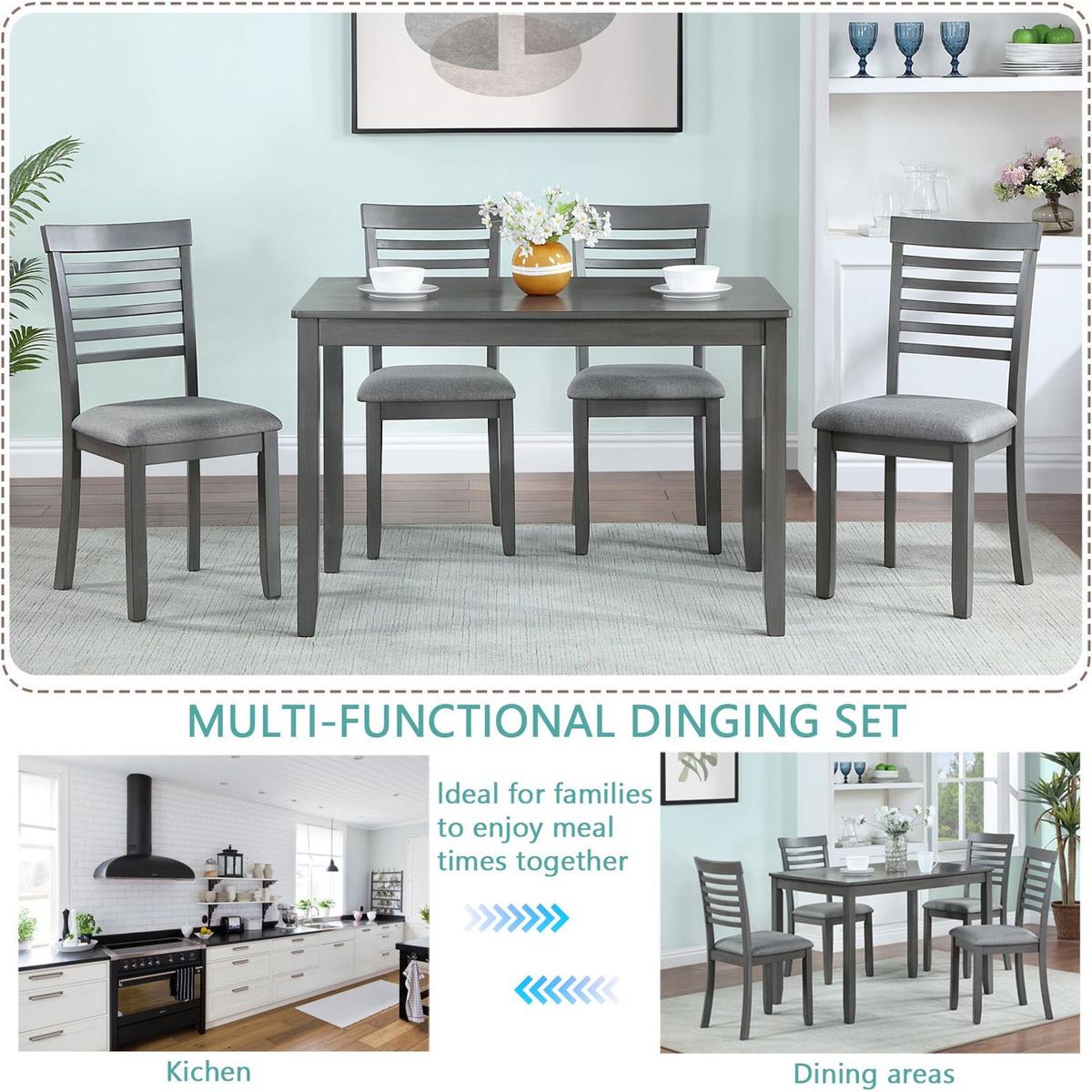 5 Piece Modern Dining Set, Rectangular Wooden Dining Table with 4 Upholstered Chairs for Kitchen, Dining Room, Gray