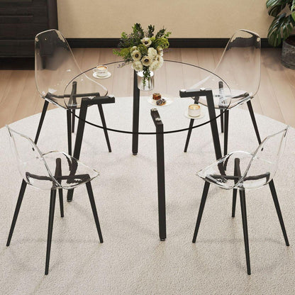 Modern simple style round transparent tempered glass table, black metal legs, 4-piece set of modern minimalist transparent dining chairs with black metal legs