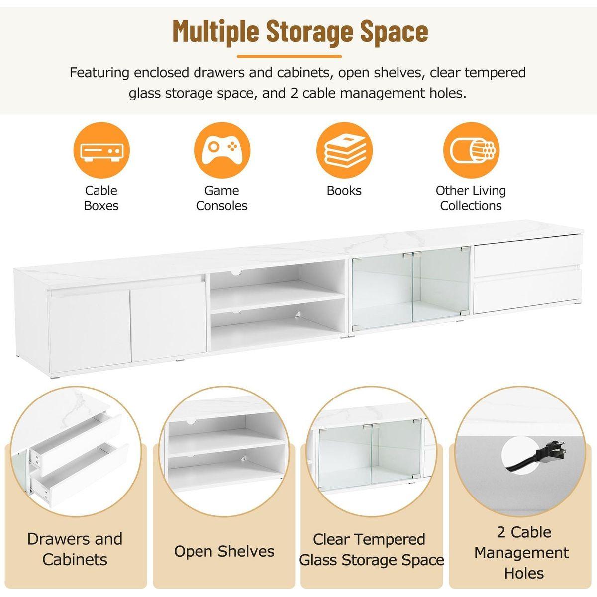 Modern APP Controlled LED TV Stand for TVs Up to 105", Faux Marble Tabletop Media Console with Tempered Glass Doors, Entertainment Center with 2 Drawers & Cabinets for Living Room, White