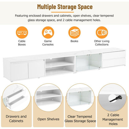 Modern APP Controlled LED TV Stand for TVs Up to 105", Faux Marble Tabletop Media Console with Tempered Glass Doors, Entertainment Center with 2 Drawers & Cabinets for Living Room, White
