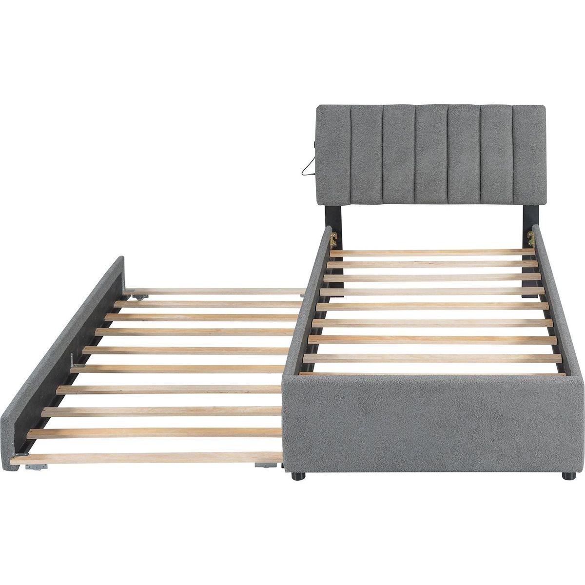 Teddy Fleece Twin Size Upholstered Platform Bed with Trundle, Gray