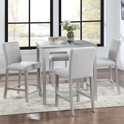 5 Piece Counter Height Table Set, Wooden Kitchen Table Set with Square Table and 4 Upholstered Chairs, Counter Height Dining Table with Crystal Decoration and Chair Set for Kitchen, Dining Room,Gray