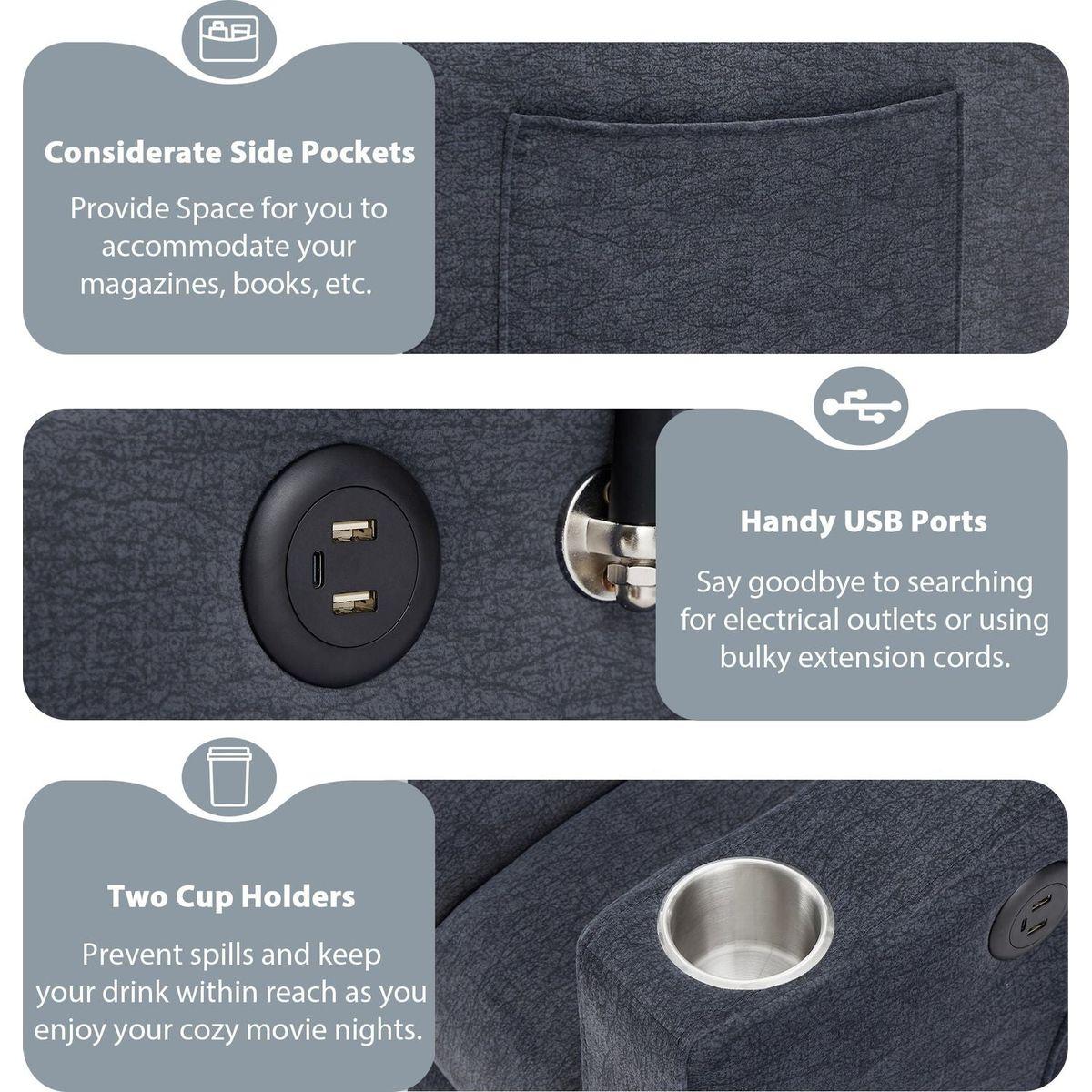 55.9" Convertible Sofa Bed Loveseat Sofa with Three USB Ports, Two Side Pockets, Two Cup Holders and 360Swivel Phone Holder for Living Room, Blue Grey