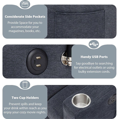 55.9" Convertible Sofa Bed Loveseat Sofa with Three USB Ports, Two Side Pockets, Two Cup Holders and 360Swivel Phone Holder for Living Room, Blue Grey