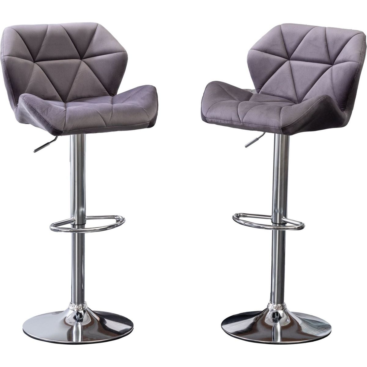 Breni Velvet Diamond Tufted Swivel Adjustable Height Barstool, Set of 2, Gray