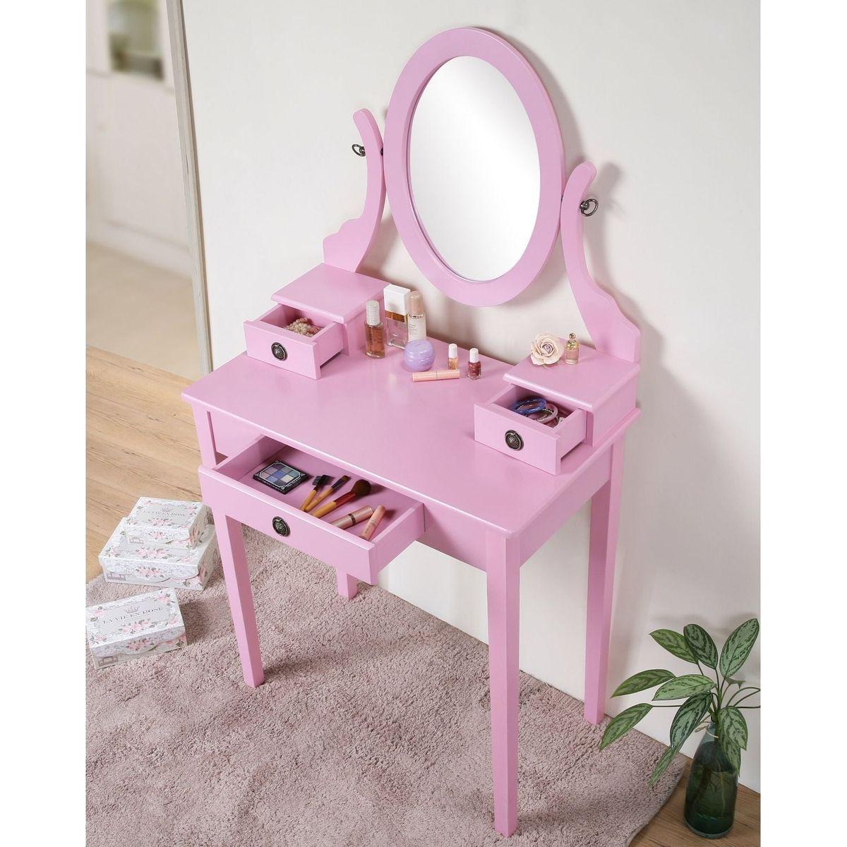 Moniys Wood Moniya Makeup Vanity Table and Stool Set, Pink