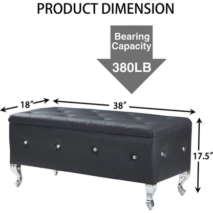 Upholstered Storage Ottoman Bench For Bedroom End Of Bed Faux Leather Rectangular Storage Benches Footrest With Crystal Buttons For Living Room Entryway (Black)