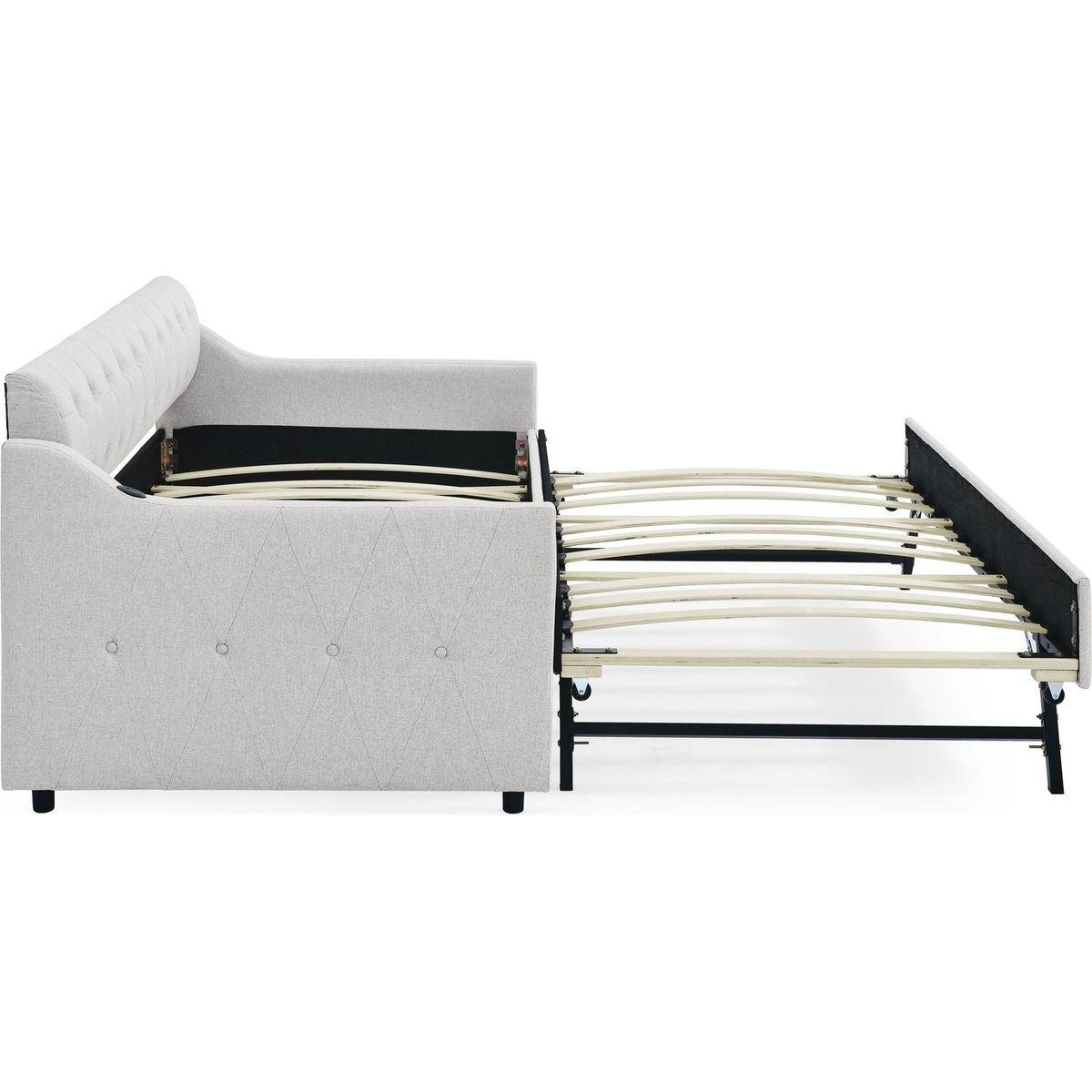 Twin Size Upholstery DayBed with Twin Size Erectable Trundle and USB Charging Design, Linen Beige