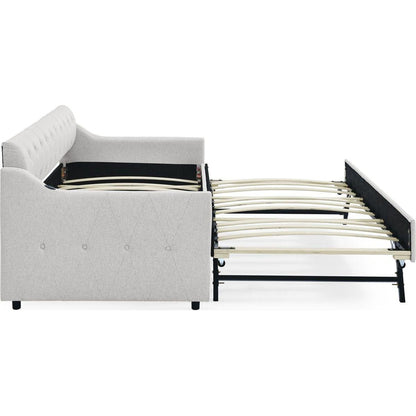 Twin Size Upholstery DayBed with Twin Size Erectable Trundle and USB Charging Design, Linen Beige