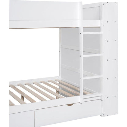 Full over Full Bunk Bed With 2 Drawers and Multi-layer Cabinet, White