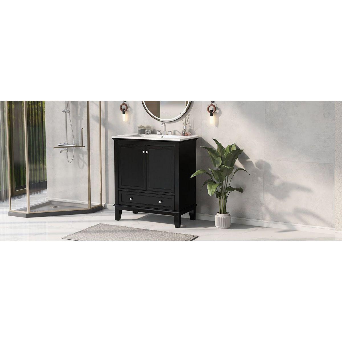 30" Bathroom Vanity with Sink Combo, Multi-functional Bathroom Cabinet with Doors and Drawer, Solid Wood and MDF Board, Black