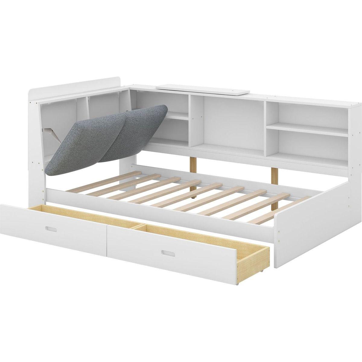 Wood Twin Size platform bed with Storage Headboard, Shelves and 2 Drawers, White