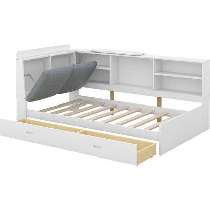 Wood Twin Size platform bed with Storage Headboard, Shelves and 2 Drawers, White